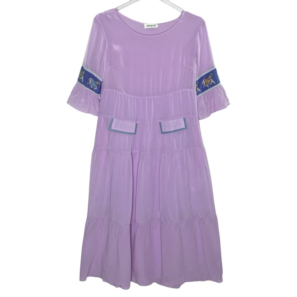 Armani Collezioni XS Womens Silk Elephant Motif Dress Half Sleeve Tiered Lilac